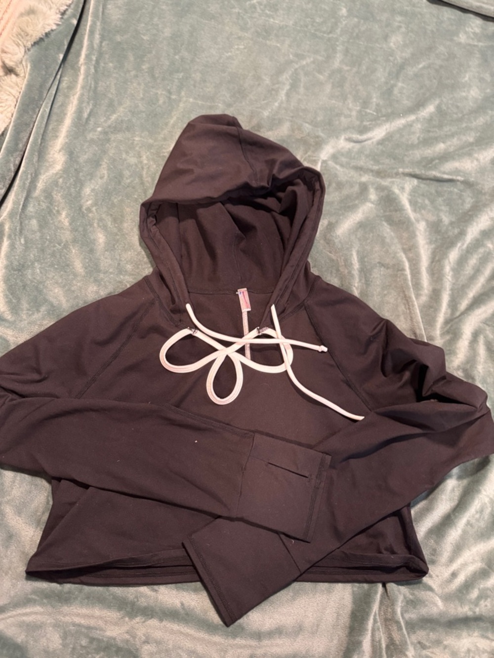 Black Cropped Hoodie with White Drawstrings